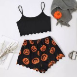 Halloween pumpkin print sleeveless suspender top and shorts Pajama two-piece suit