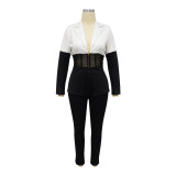 Women's Autumn Suit Contrast Patchwork Casual Two-piece Blazer pants set