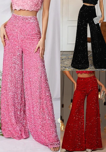 Women Solid Color Sequin Fashion Casual High Waist Wide Leg Pants