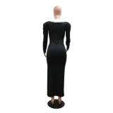 Women Solid Slit Turndown Collar Long Sleeve Dress