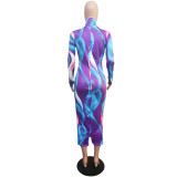 Women's Autumn Winter Painted Print Long Sleeve Slim Dress