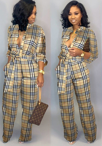 Women Printed Long Sleeve Jumpsuit with Belt