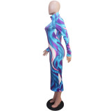 Women's Autumn Winter Painted Print Long Sleeve Slim Dress
