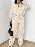 Spring autumn two-piece trendy solid color zipper long sleeve loose top elastic sweatpants two-piece set