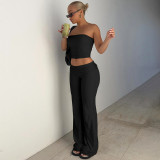 Women Fall Solid Strapless Top and Bell Bottom Long Pants Two-piece Set