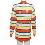 Autumn Winter hollow contrast striped long-sleeved cardigan loose casual knitting jacket