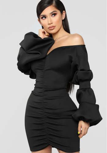 Autumn Winter Puff long Sleeve Off Shoulder V Neck Slim Women's Dress