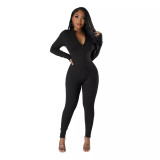 Autumn Winter solid color long sleeve tight slim casual zipper sports jumpsuit