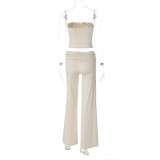 Women Fall Solid Strapless Top and Bell Bottom Long Pants Two-piece Set