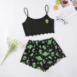 Halloween pumpkin print sleeveless suspender top and shorts Pajama two-piece suit