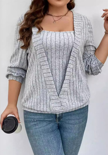 Women Solid Ribbed V-neck long sleeve top