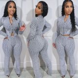 Women Knitting Sweater Two-way Zipper Top and Pants Casual Two-piece Set