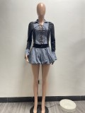 Women Sexy Lace-Up Contrast Long Sleeve Top and Puffy Skirt Set Underwear