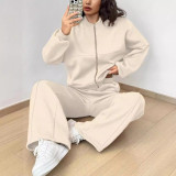 Spring autumn two-piece trendy solid color zipper long sleeve loose top elastic sweatpants two-piece set