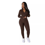 Autumn Winter solid color long sleeve tight slim casual zipper sports jumpsuit