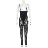 Sexy Autumn Women's strap See-Through mesh High Stretch tight slim jumpsuit