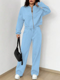 Spring autumn two-piece trendy solid color zipper long sleeve loose top elastic sweatpants two-piece set