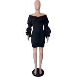 Autumn Winter Puff long Sleeve Off Shoulder V Neck Slim Women's Dress