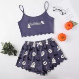 Halloween pumpkin print sleeveless suspender top and shorts Pajama two-piece suit