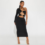 Women Sexy Hollow Tube Slash Shoulder One-shoulder Sleeve Bodycon Dress