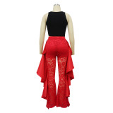 Fashion Women's Sexy high waist Ruffle See-Through Lace Pants