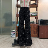 Women Solid Color Sequin Fashion Casual High Waist Wide Leg Pants