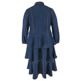 Plus Size Women's Denim Long Sleeve Turndown Collar layer Long Dress