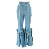 Plus Size Women's High Waist Slit Micro Bell Bottom Denim Pants