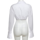 Autumn sexy Slim Waist solid color Turndown Collar crop long-sleeved shirt