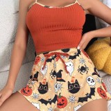 Halloween pumpkin print strap vest shorts set home clothes Plus Size women's pajamas