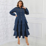 Plus Size Women's Denim Long Sleeve Turndown Collar layer Long Dress