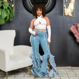 Plus Size Women's High Waist Slit Micro Bell Bottom Denim Pants