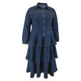 Plus Size Women's Denim Long Sleeve Turndown Collar layer Long Dress