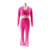 Women's Solid Color Long Sleeve Sexy Open Waist Casual Sports Three-Piece Pants Set