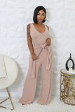 Women Stretch Ribbed Long Sleeve Top and Jumpsuit Two-piece Set