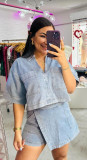 Women Casual Denim Polo Short Sleeve Shirt Irregular Skirt Pants Two-piece Set