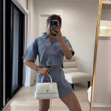 Women Casual Denim Polo Short Sleeve Shirt Irregular Skirt Pants Two-piece Set