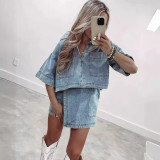 Women Casual Denim Polo Short Sleeve Shirt Irregular Skirt Pants Two-piece Set