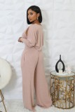 Women Stretch Ribbed Long Sleeve Top and Jumpsuit Two-piece Set