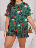 Plus Size Women Halloween Printed Short Sleeve Top Shorts Two-piece Set