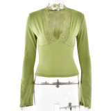 Women sexy long-sleeved v-neck patchwork lace top