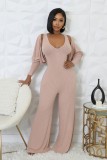 Women Stretch Ribbed Long Sleeve Top and Jumpsuit Two-piece Set