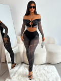 Women solid off shoulder mesh long-sleeved crop top and trousers two-piece set