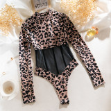 Women Long Sleeve Leopard Print Sexy Patchwork Mesh Bodysuit