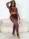 Women solid off shoulder mesh long-sleeved crop top and trousers two-piece set