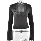 Women sexy long-sleeved v-neck patchwork lace top