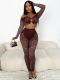 Women solid off shoulder mesh long-sleeved crop top and trousers two-piece set