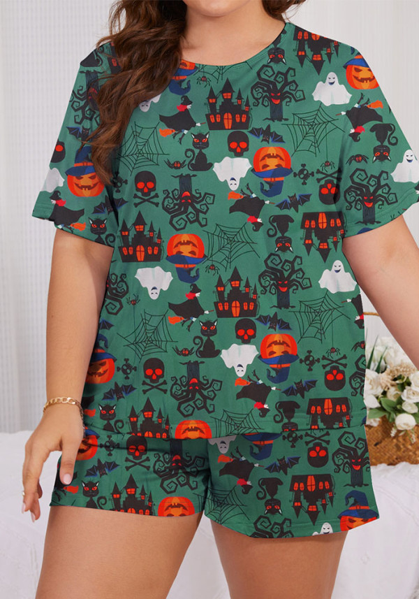 Plus Size Women Halloween Printed Short Sleeve Top Shorts Two-piece Set