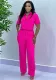 Plus Size Casual African Women Summer Solid Short Sleeve Top and Pant Two-piece Set