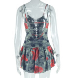 Women Printed Ruffle Sleeveless Sexy Suspender Backless Dress